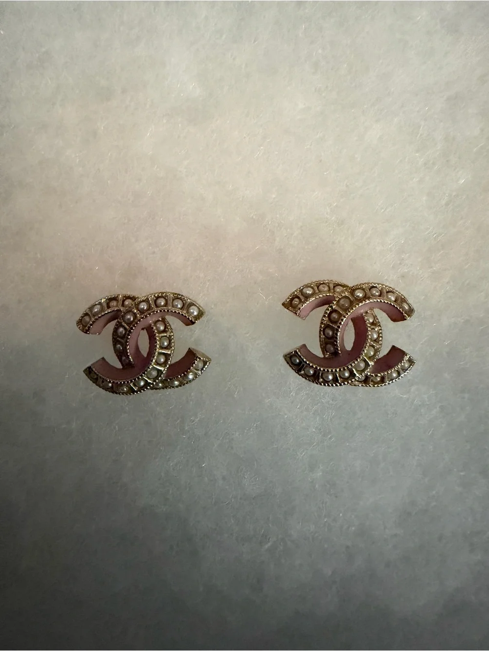 Chanel Pink Enamel Double C Stud Earrings with Pearl Accents